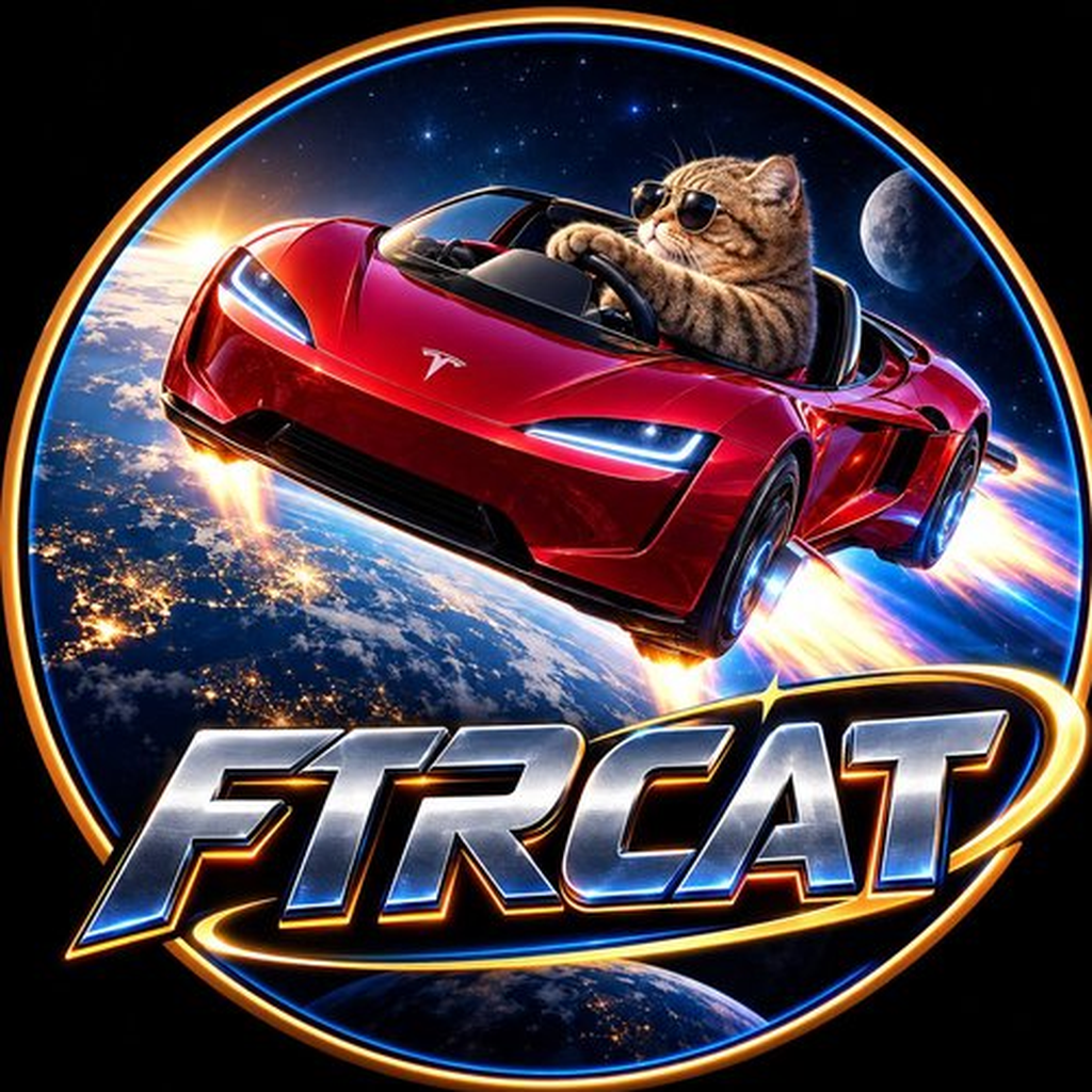 Flying Tesla Roadster Cat logo. A tabby in sunglasses drives a red Tesla Roadster above Earth. Ticker FTRCAT.
