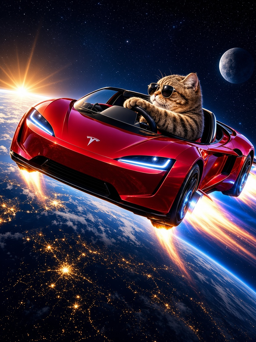 A tabby in sunglasses driving a red Tesla Roadster above Earth